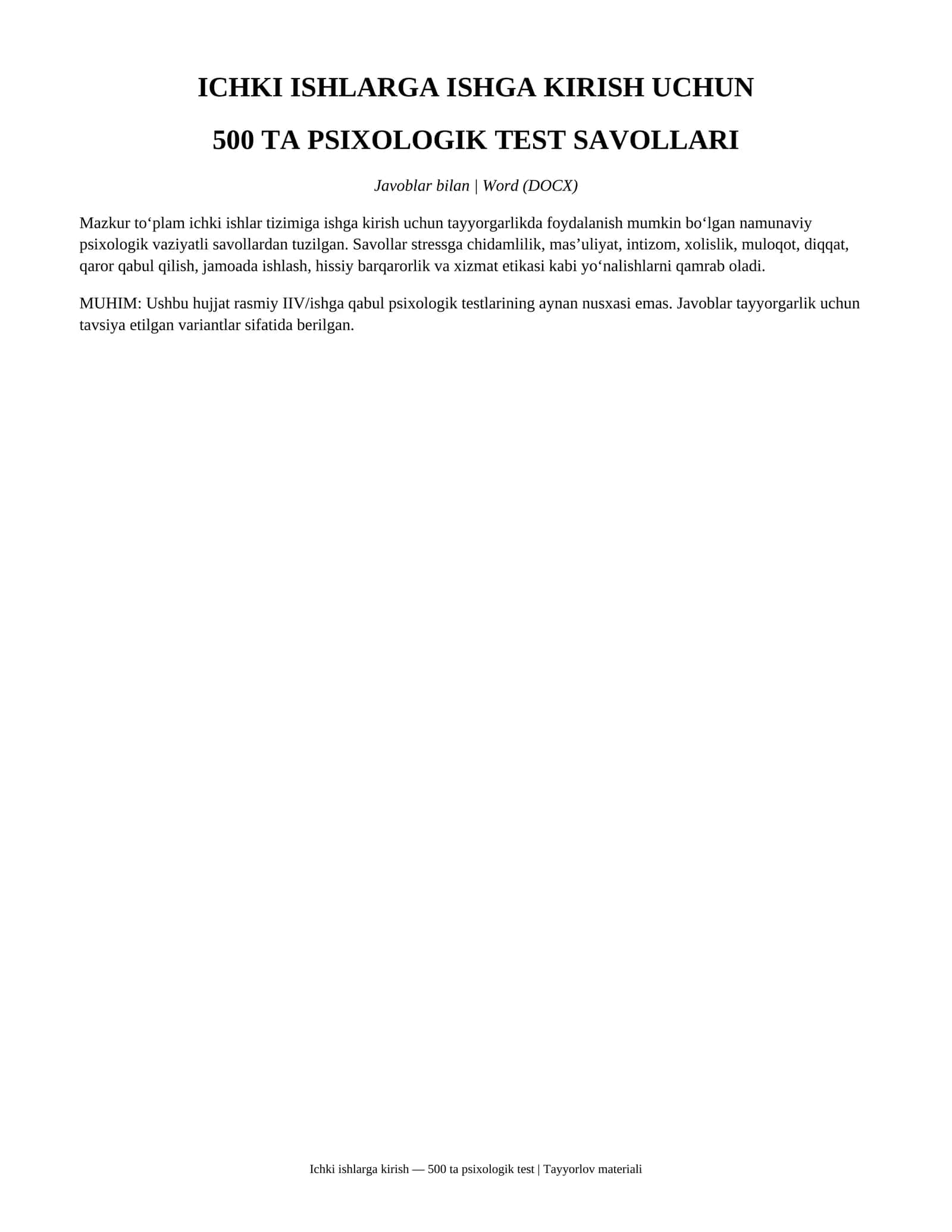 Ichki ishlarga ishga kirish uchun 500 ta psixologik test savollari va javoblari 1