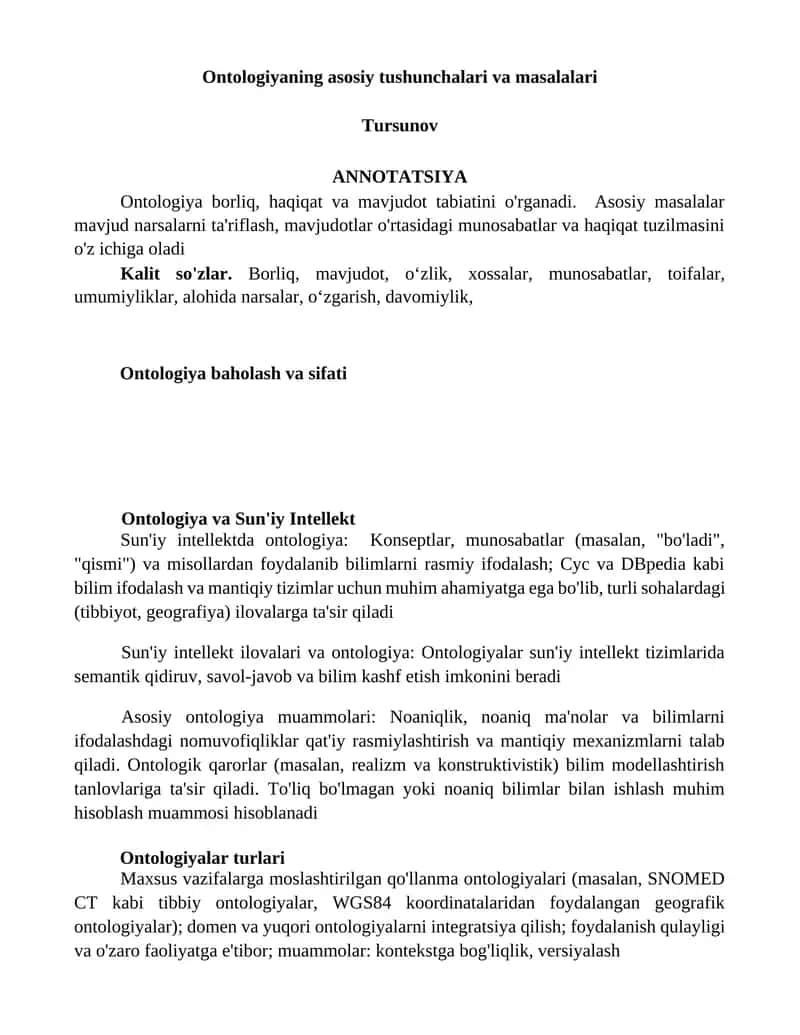 Ontologiyaning asosiy tushunchalari va masalalari 1