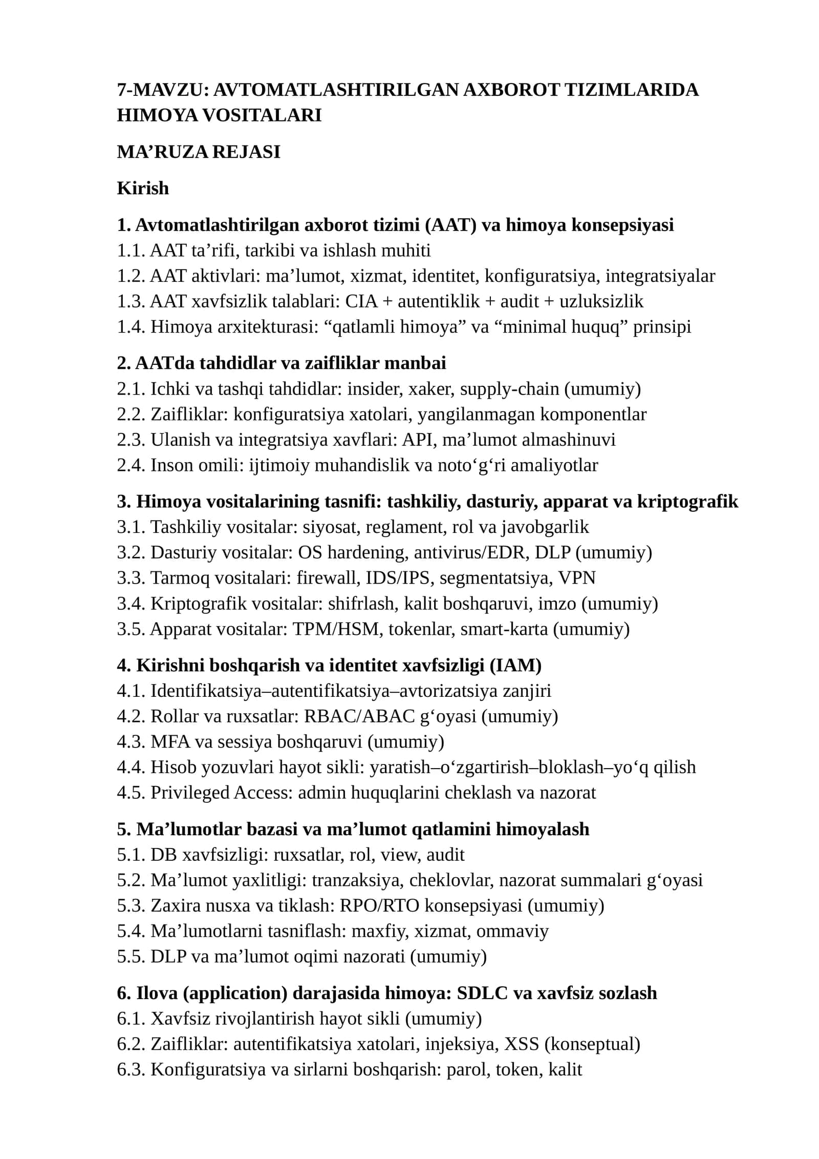 AVTOMATLASHTIRILGAN AXBOROT TIZIMLARIDA HIMOYA VOSITALARI 1