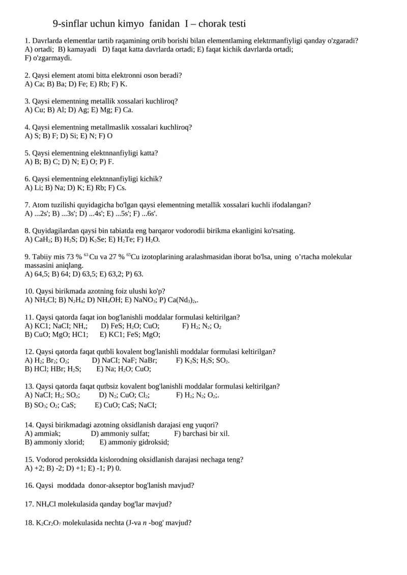 9-sinflar uchun kimyo fanidan I – chorak testi 1
