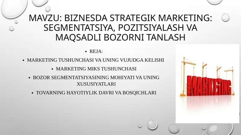 BIZNESDA STRATEGIK MARKETING: SEGMENTATSIYA, POZITSIYALASH VA MAQSADLI BOZORNI TANLASH 1