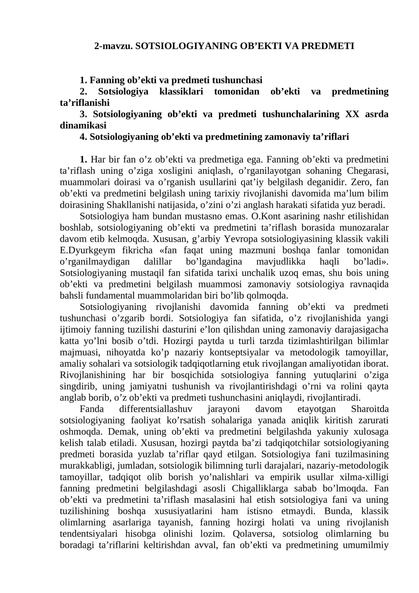 SOTSIOLOGIYANING OB’EKTI VA PREDMETI 1