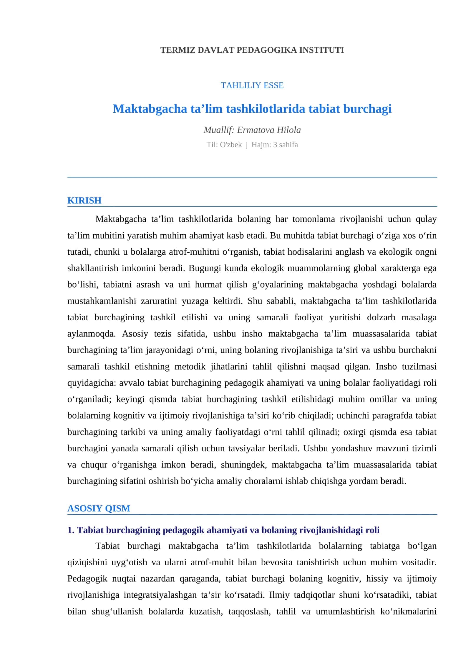 Maktabgacha taʼlim tashkilotlarida tabiat burchagi 1