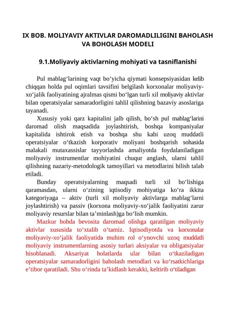 MOLIYAVIY AKTIVLAR DAROMADLILIGINI BAHOLASH VA BOHOLASH MODELI 1