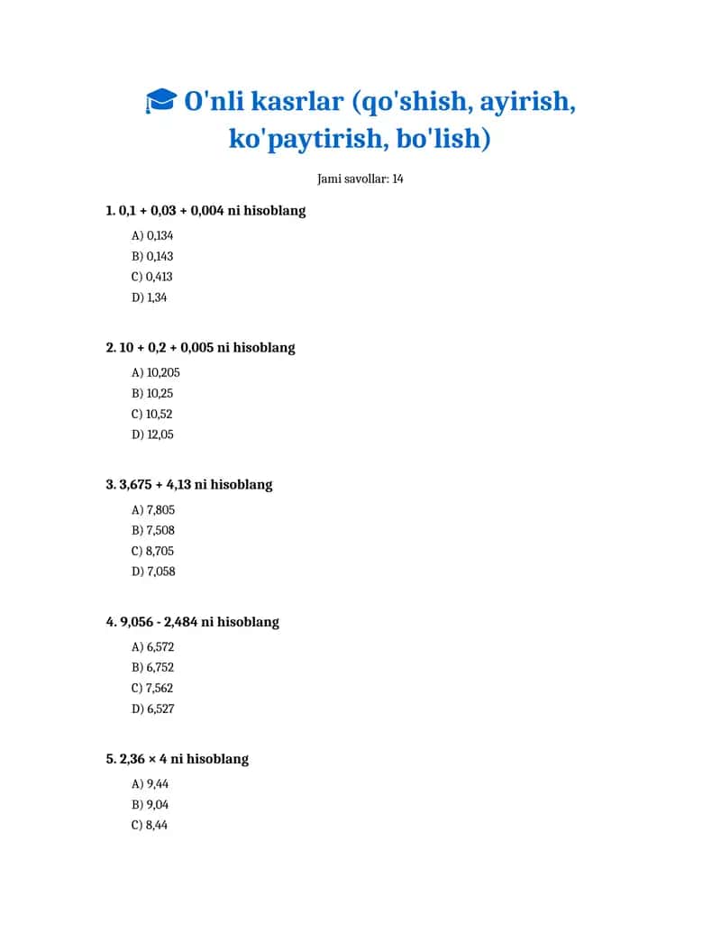 O'nli kasrlar (qo'shish, ayirish, ko'paytirish, bo'lish) 1