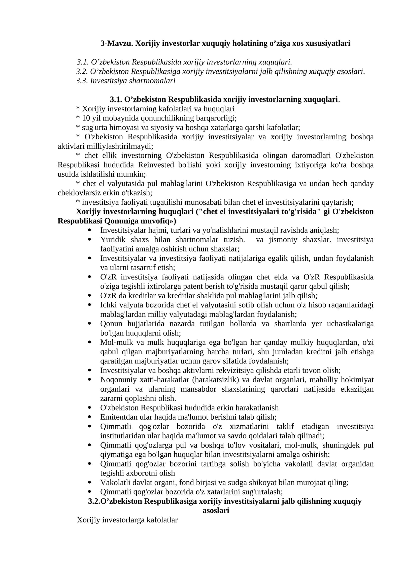 O’zbekiston Respublikasida xorijiy investorlarning xuquqlari 1
