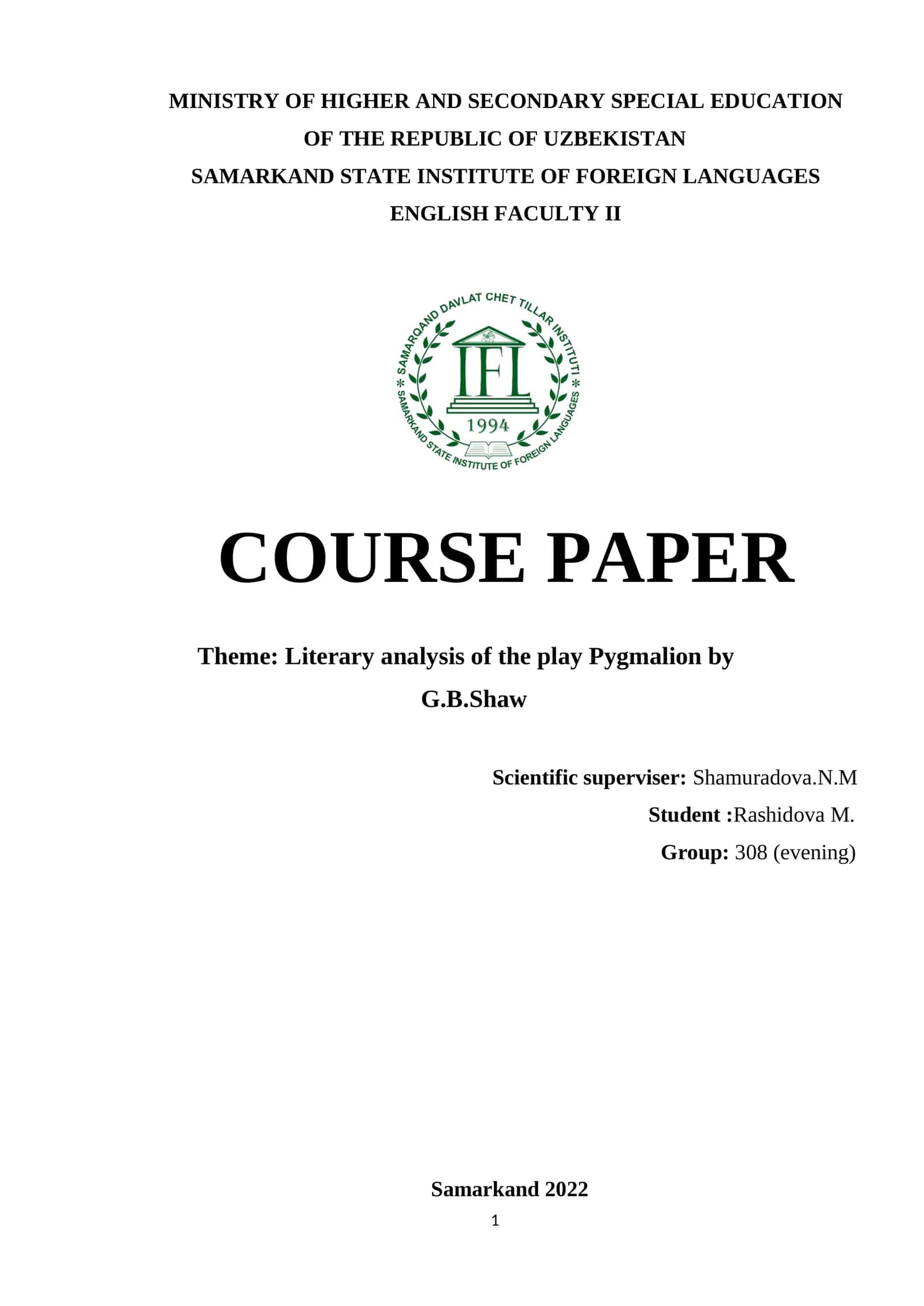 Literary analysis of the play Pygmalion by G.B.Shaw 1