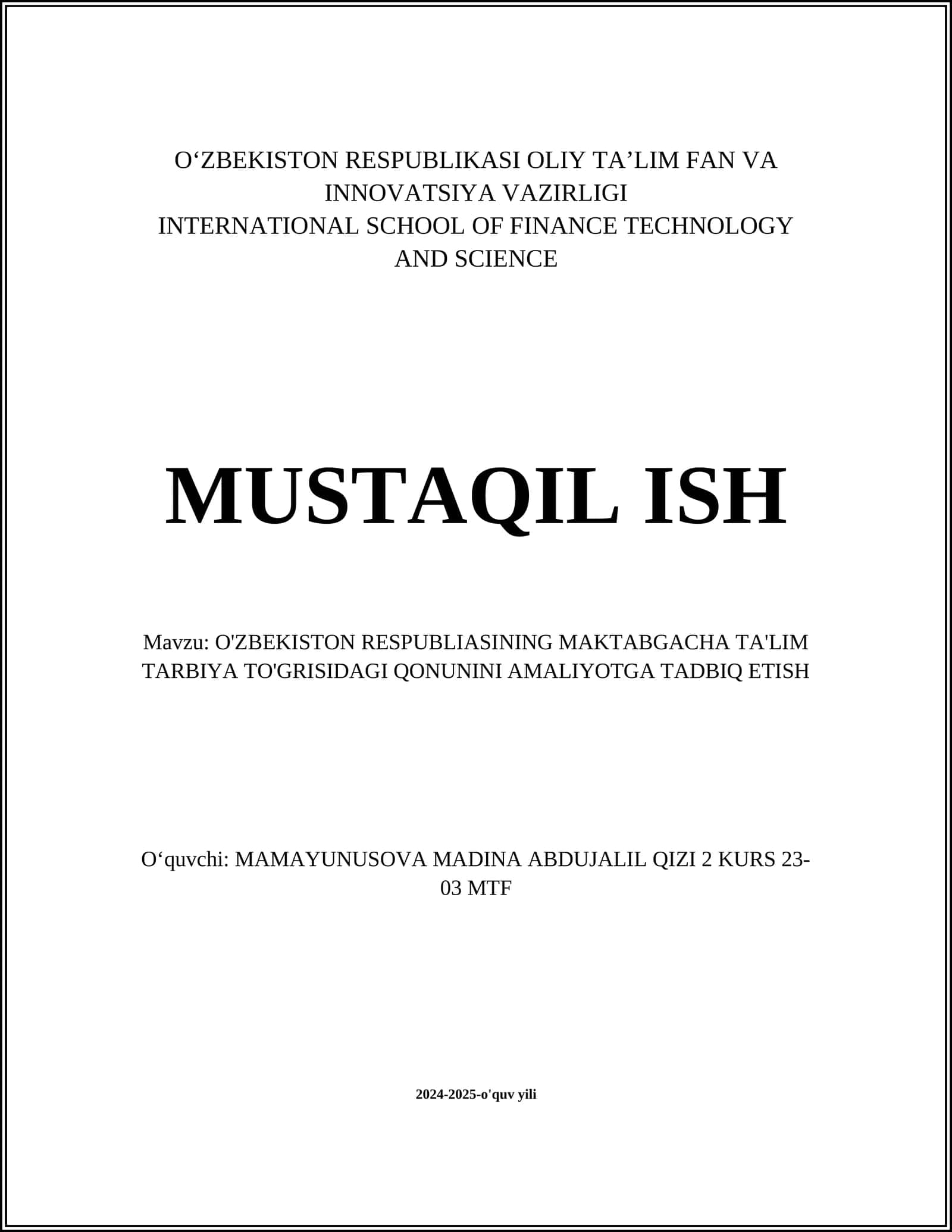 O'ZBEKISTON RESPUBLIASINING MAKTABGACHA TA'LIM TARBIYA TO'GRISIDAGI QONUNINI AMALIYOTGA TADBIQ ETISH 1