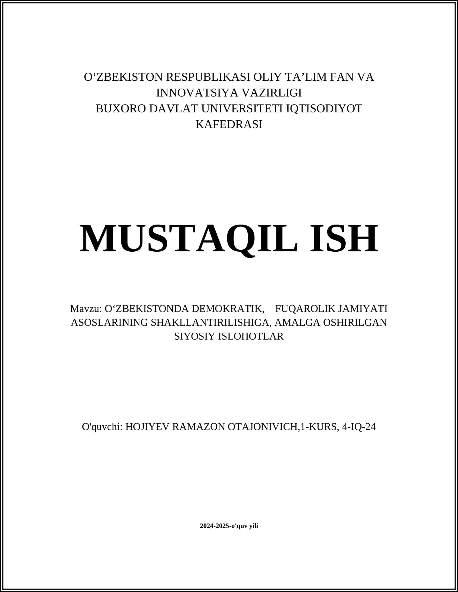 O‘ZBEKISTONDA DEMOKRATIK, FUQAROLIK JAMIYATI ASOSLARINING SHAKLLANTIRILISHI 1