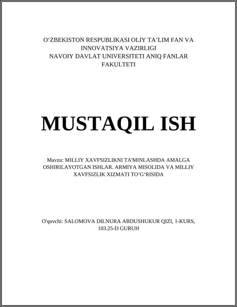 MILLIY XAVFSIZLIKNI TA'MINLASHDA AMALGA OSHIRILAYOTGAN ISHLAR. ARMIYA MISOLIDA VA MILLIY XAVFSIZLIK XIZMATI TOʻGʻRISIDA 1