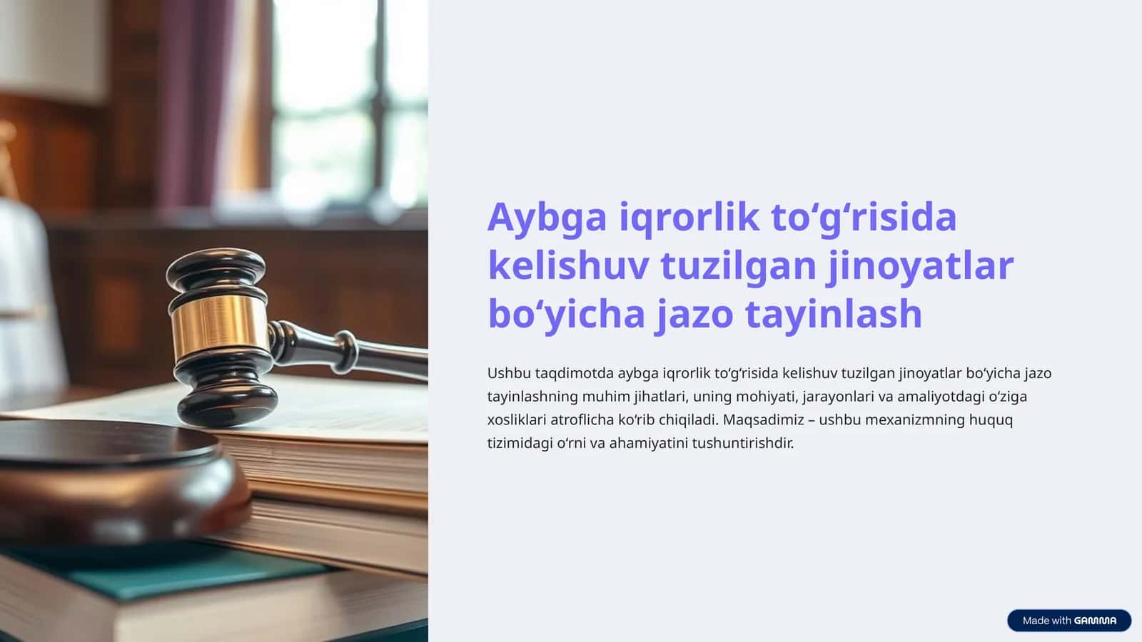 Aybga iqrorlik to‘g‘risida kelishuv tuzilgan jinoyatlar bo‘yicha jazo tayinlash 1