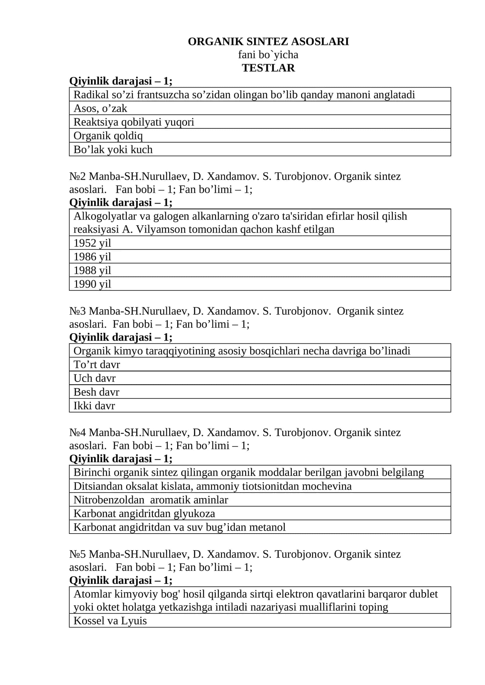 ORGANIK SINTEZ ASOSLARI fanidan yakuniy testlari 1