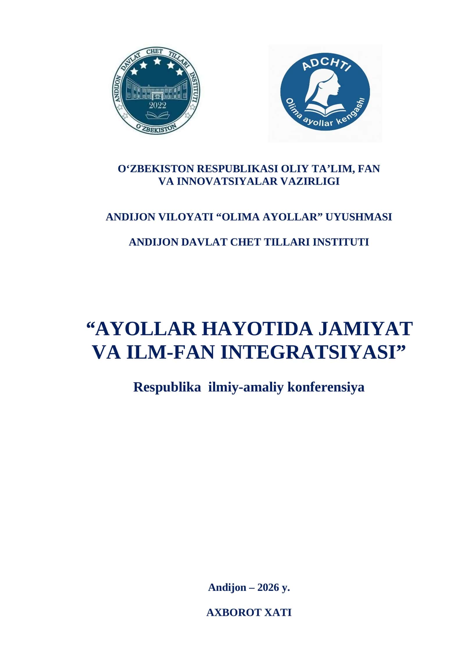 “AYOLLAR HAYOTIDA JAMIYAT VA ILM-FAN INTEGRATSIYASI” Respublika ilmiy-amaliy konferensiya 1
