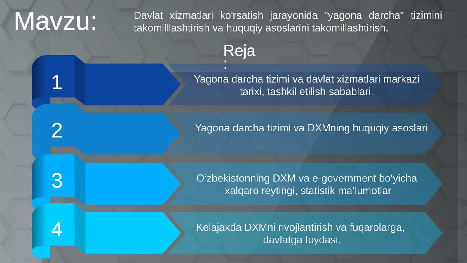 Davlat xizmatlari ko'rsatish jarayonida yagona darcha tizimini takomilllashtirish va huquqiy asoslarini takomillashtirish 1