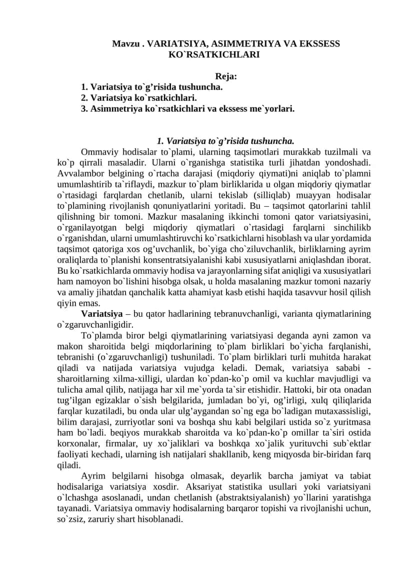 VARIATSIYA, ASIMMETRIYA VA EKSSESS KO`RSATKICHLARI 1