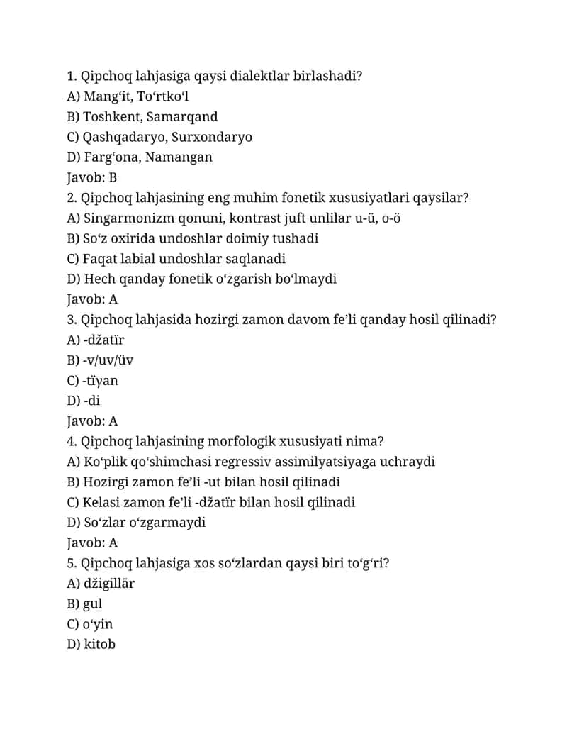 Qipchoq Lahjasi savollar to‘plami 1