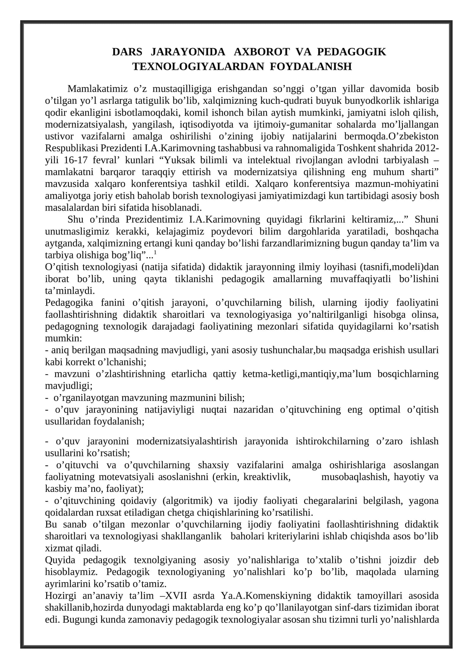DARS JARAYONIDA AXBOROT VA PEDAGOGIK TEXNOLOGIYALARDAN FOYDALANISH 1