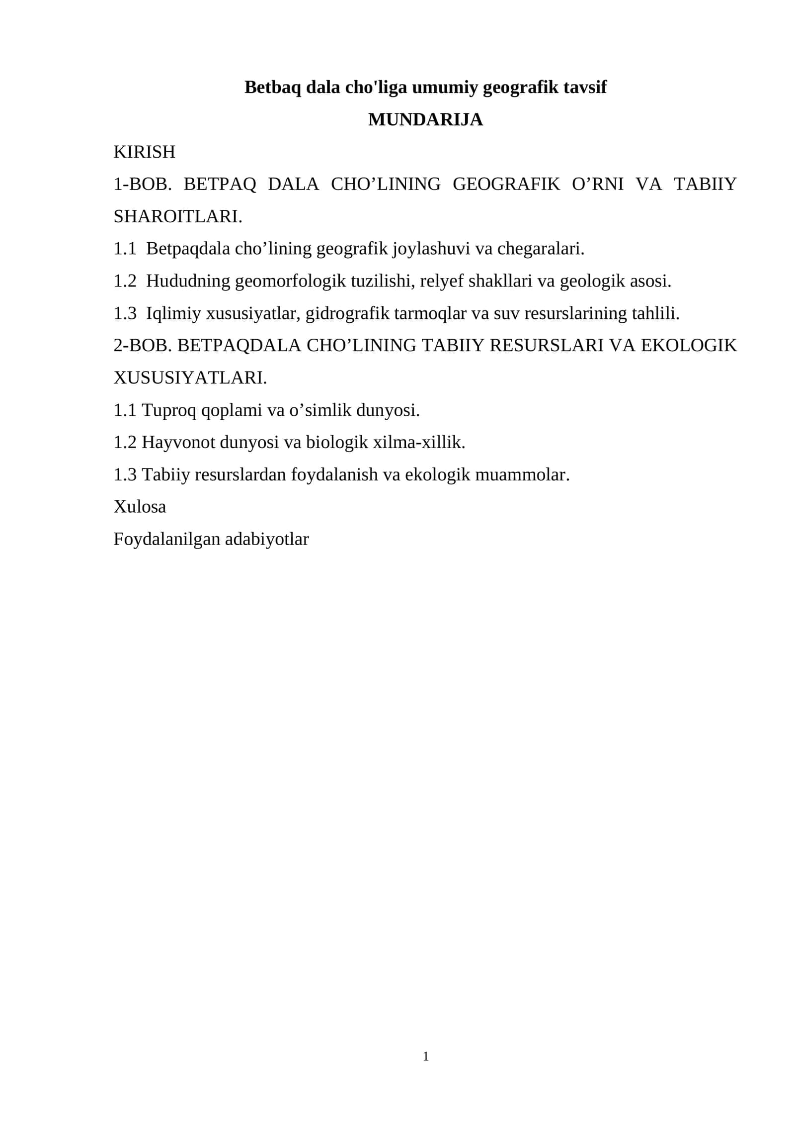 Betbaq dala cho'liga umumiy geografik tavsif 1