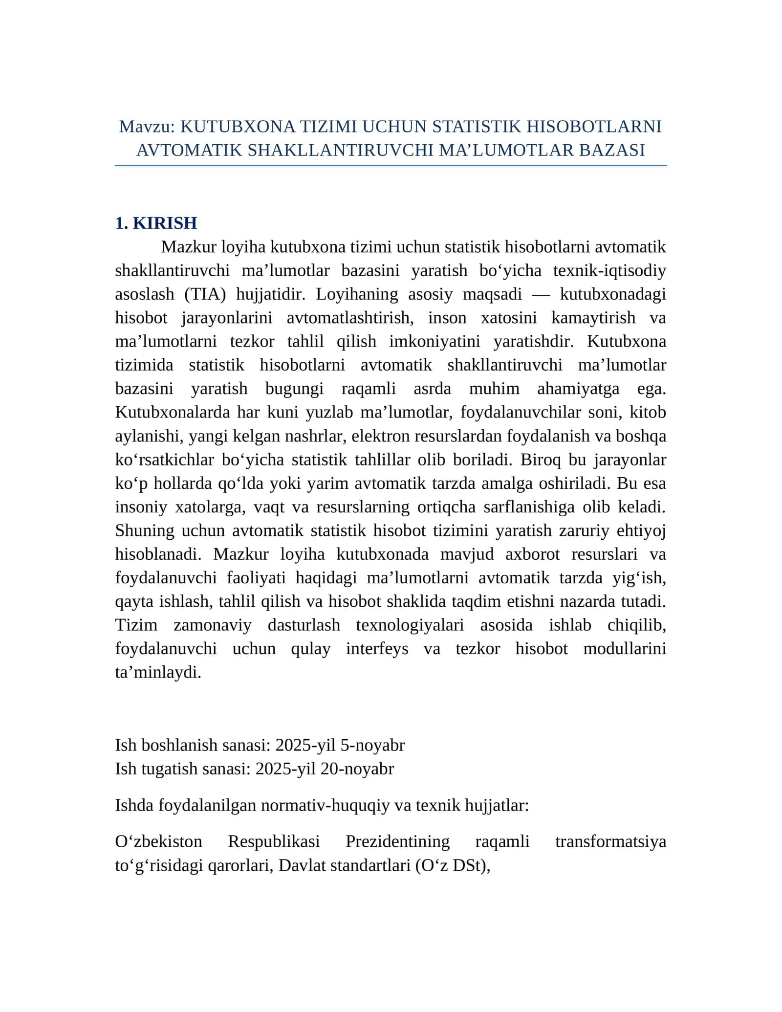 KUTUBXONA TIZIMI UCHUN STATISTIK HISOBOTLARNI AVTOMATIK SHAKLLANTIRUVCHI MA’LUMOTLAR BAZASI 1