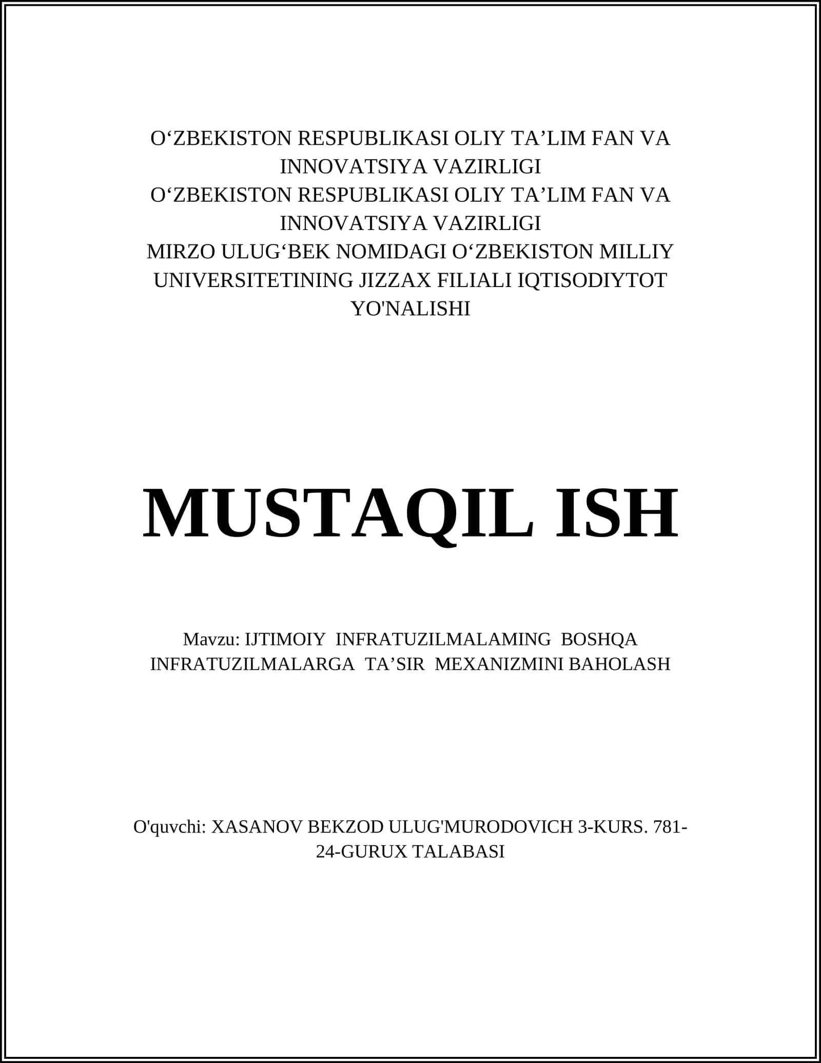 IJTIMOIY INFRATUZILMALAMING BOSHQA INFRATUZILMALARGA TA’SIR MEXANIZMINI BAHOLASH 1