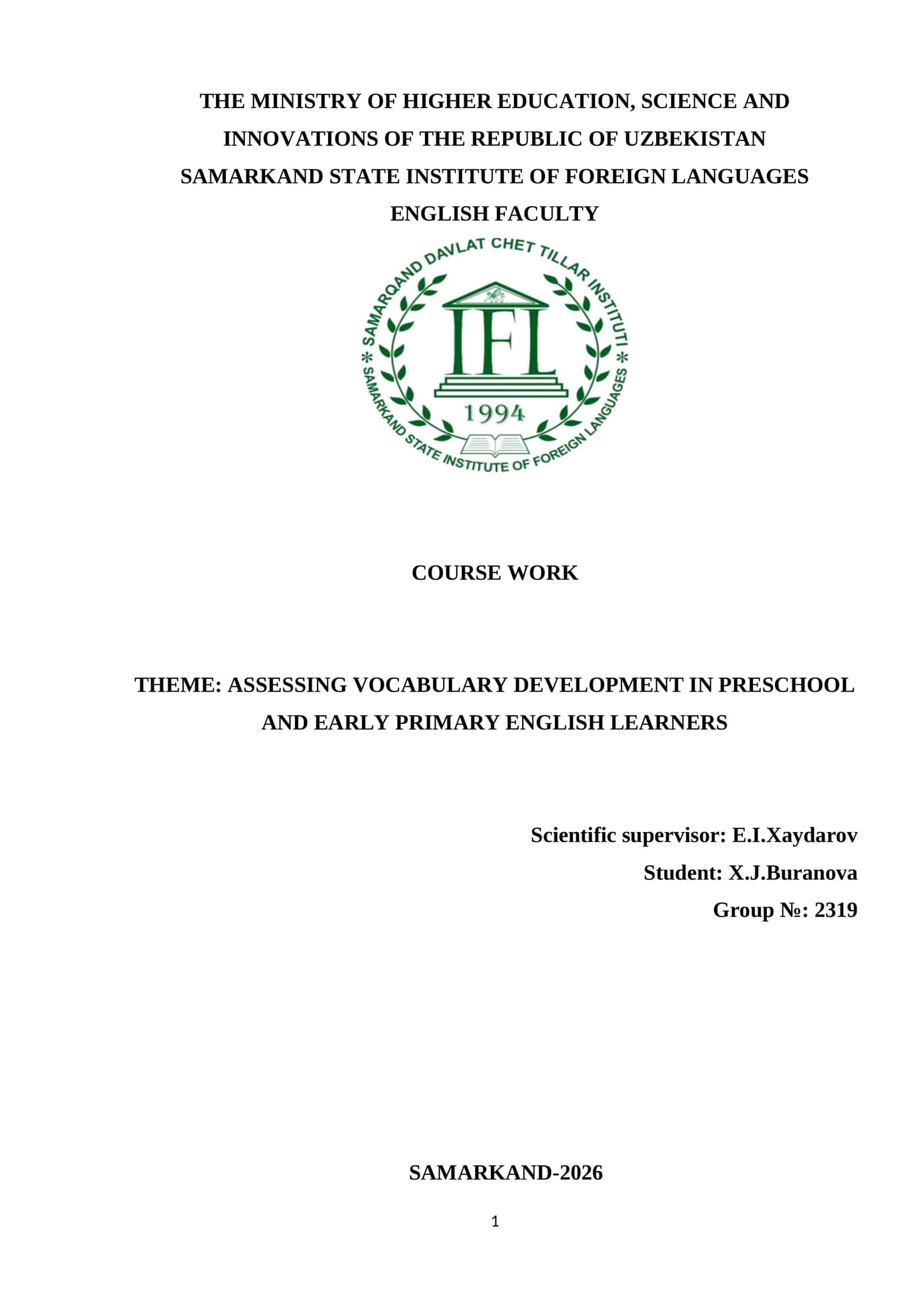 ASSESSING VOCABULARY DEVELOPMENT IN PRESCHOOL AND EARLY PRIMARY ENGLISH LEARNERS 1