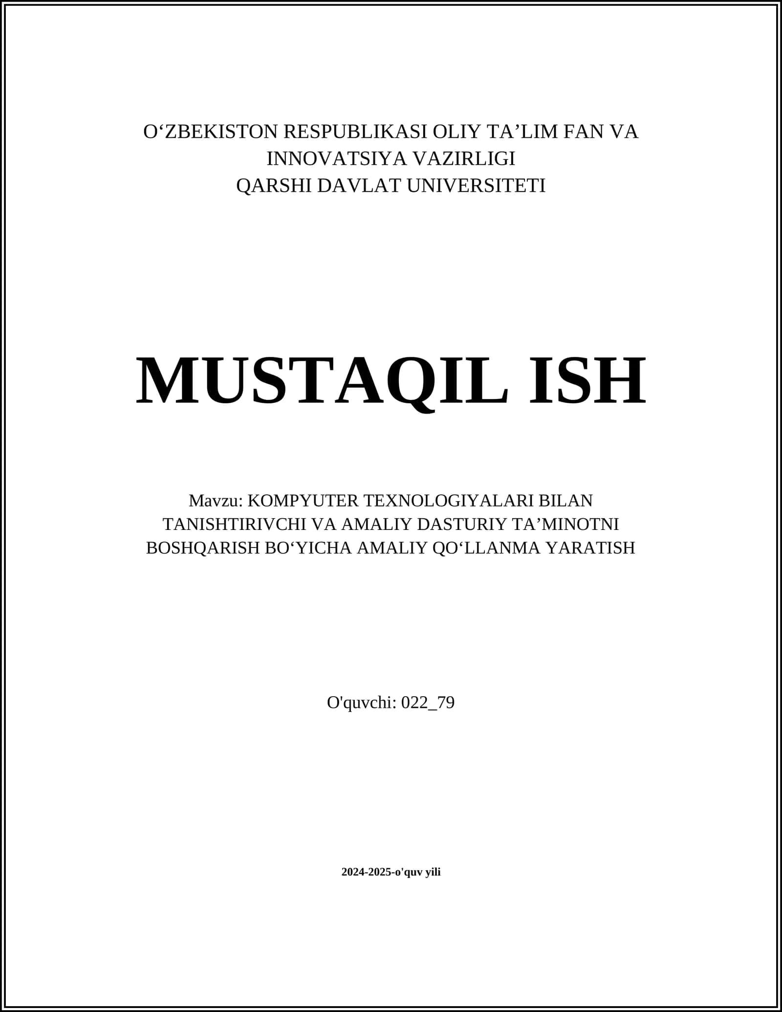 KOMPYUTER TEXNOLOGIYALARI BILAN TANISHTIRIVCHI VA AMALIY DASTURIY TAʼMINOTNI BOSHQARISH BOʻYICHA AMALIY QOʻLLANMA YARATISH 1