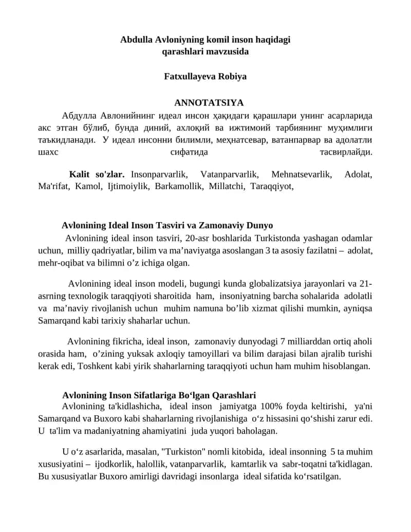 Avlonining Ideal Inson Tasviri va Zamonaviy Dunyo 1