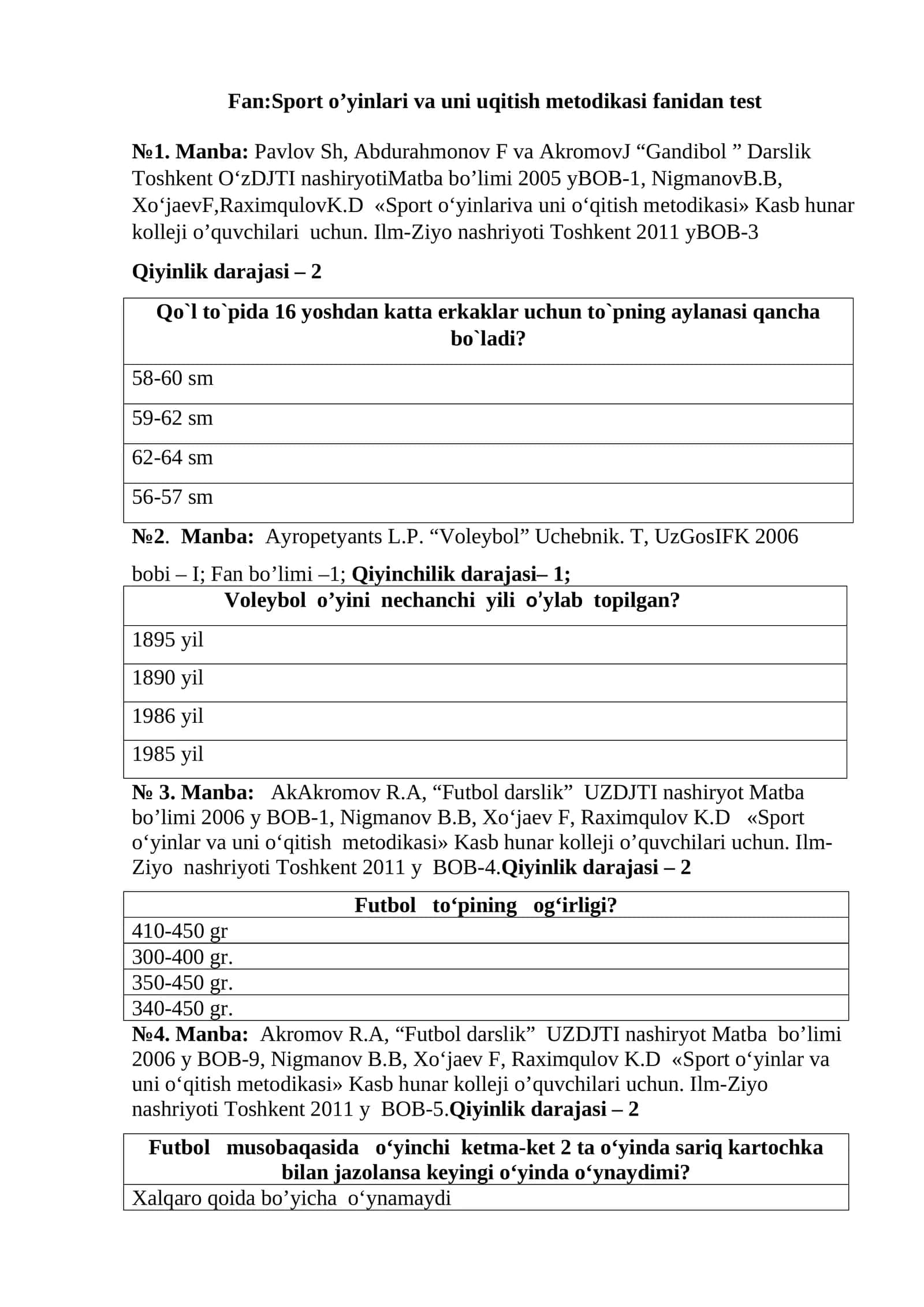 Sport o’yinlari va uni uqitish metodikasi fanidan test 1