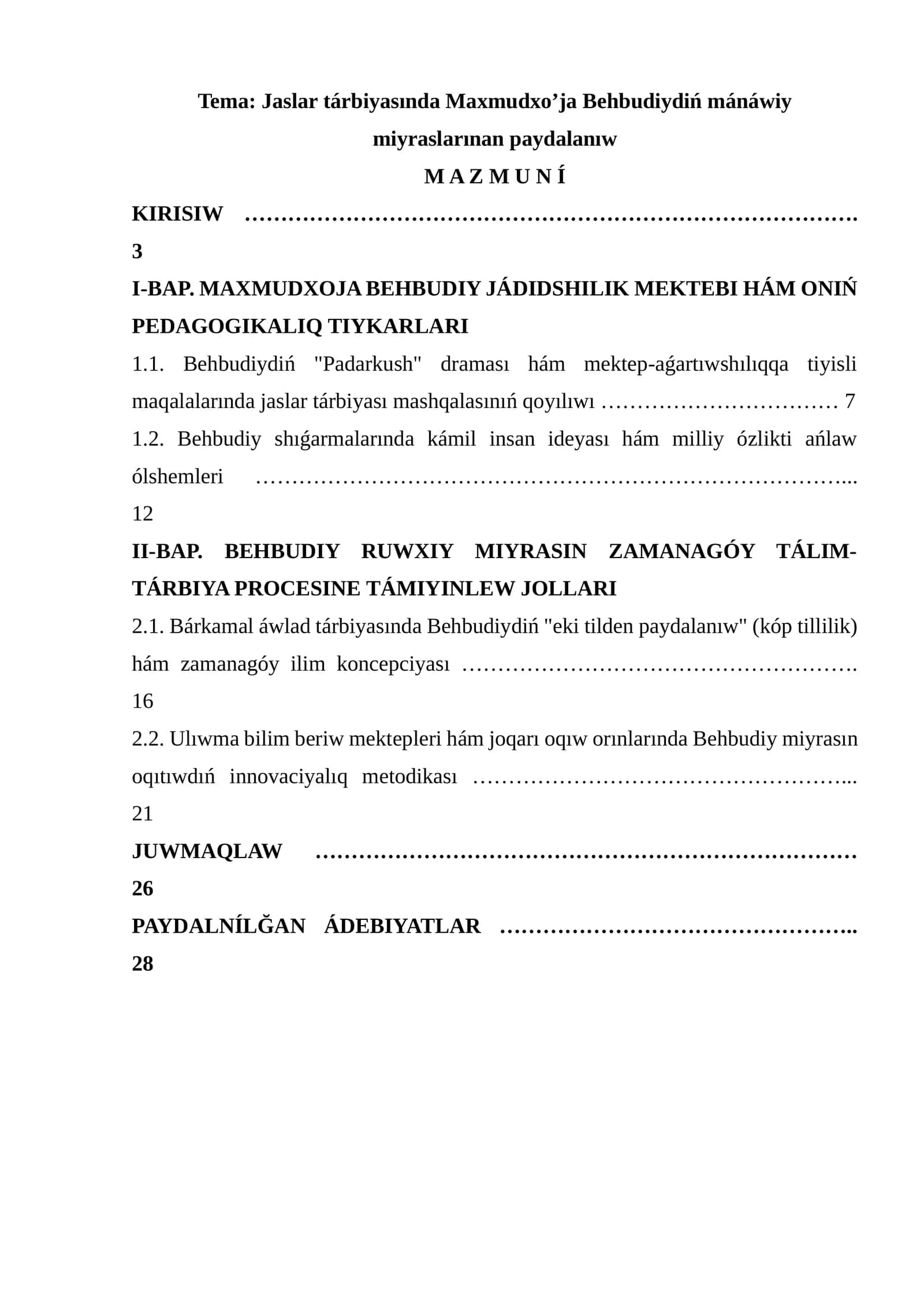 Jaslar tárbiyasında Maxmudxo’ja Behbudiydiń mánáwiy miyraslarınan paydalanıw 1