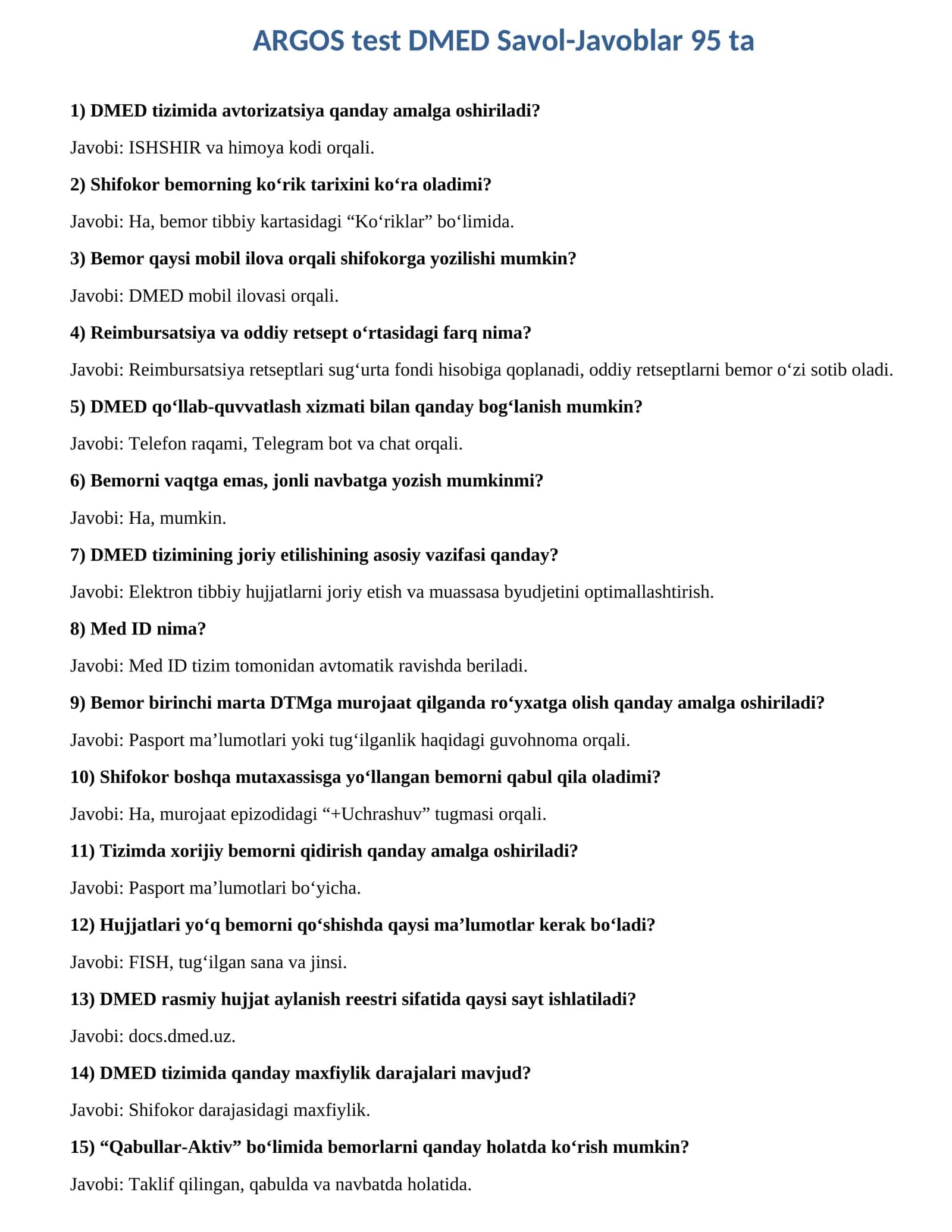 ARGOS test DMED Savol-Javoblar 95 ta 1