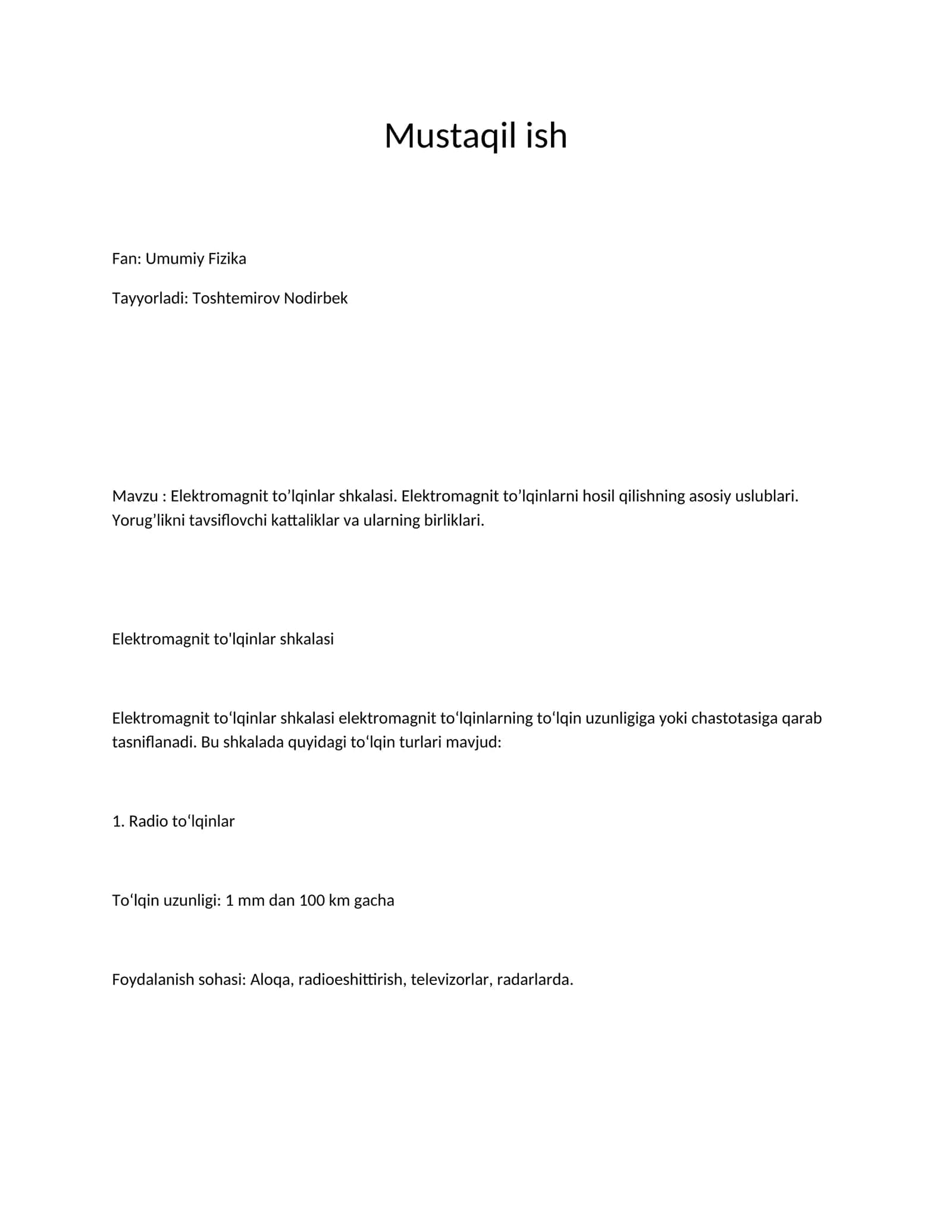 Elektromagnit to'lqinlar shkalasi 1