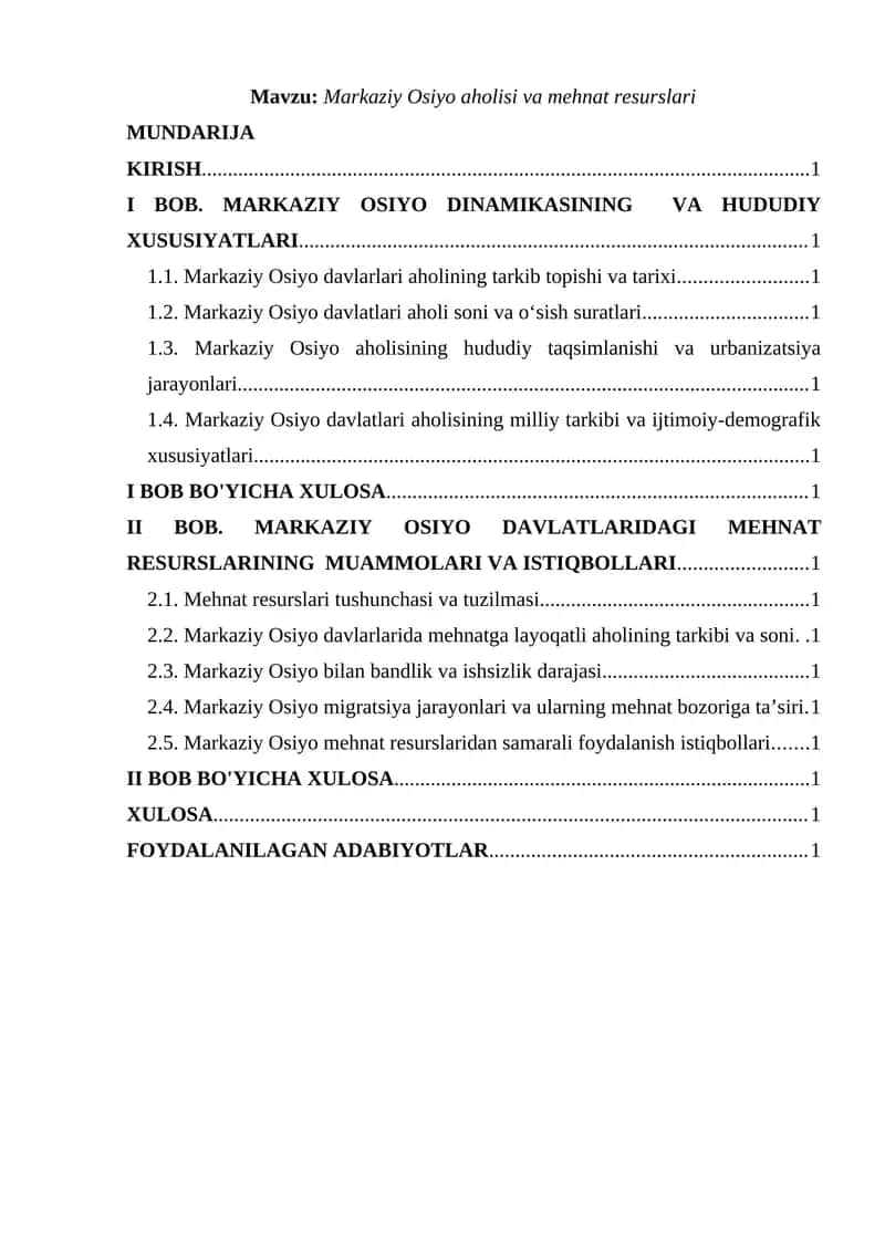 Markaziy Osiyo aholisi va mehnat resurslari 1