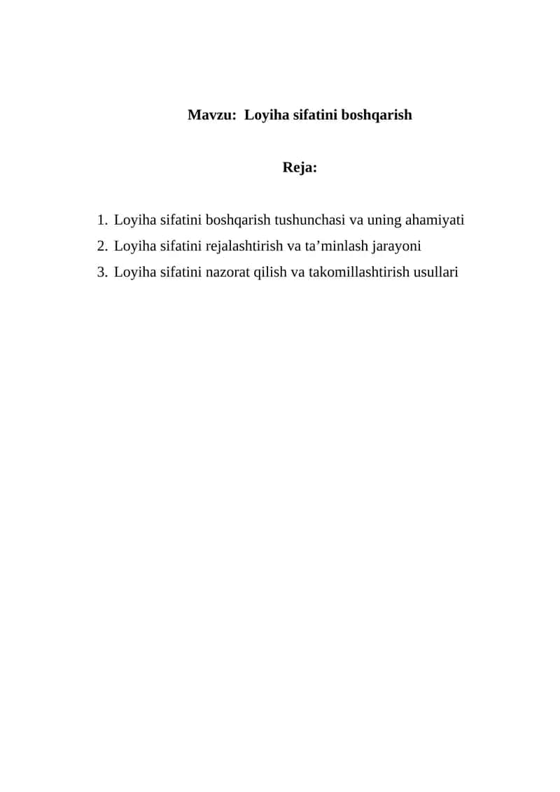 Loyiha sifatini boshqarish 1