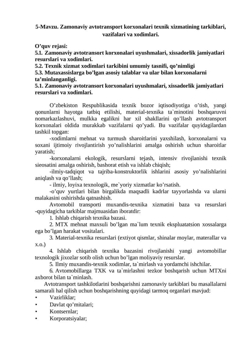 Zamonaviy avtotransport korxonalari texnik xizmatining tarkiblari, vazifalari va xodimlari 1