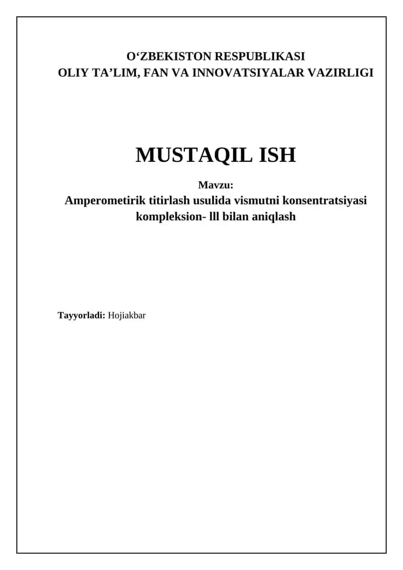 Amperometrik titirlash usulida vismutni konsentratsiyasi kompleksion- lll bilan aniqlash 1