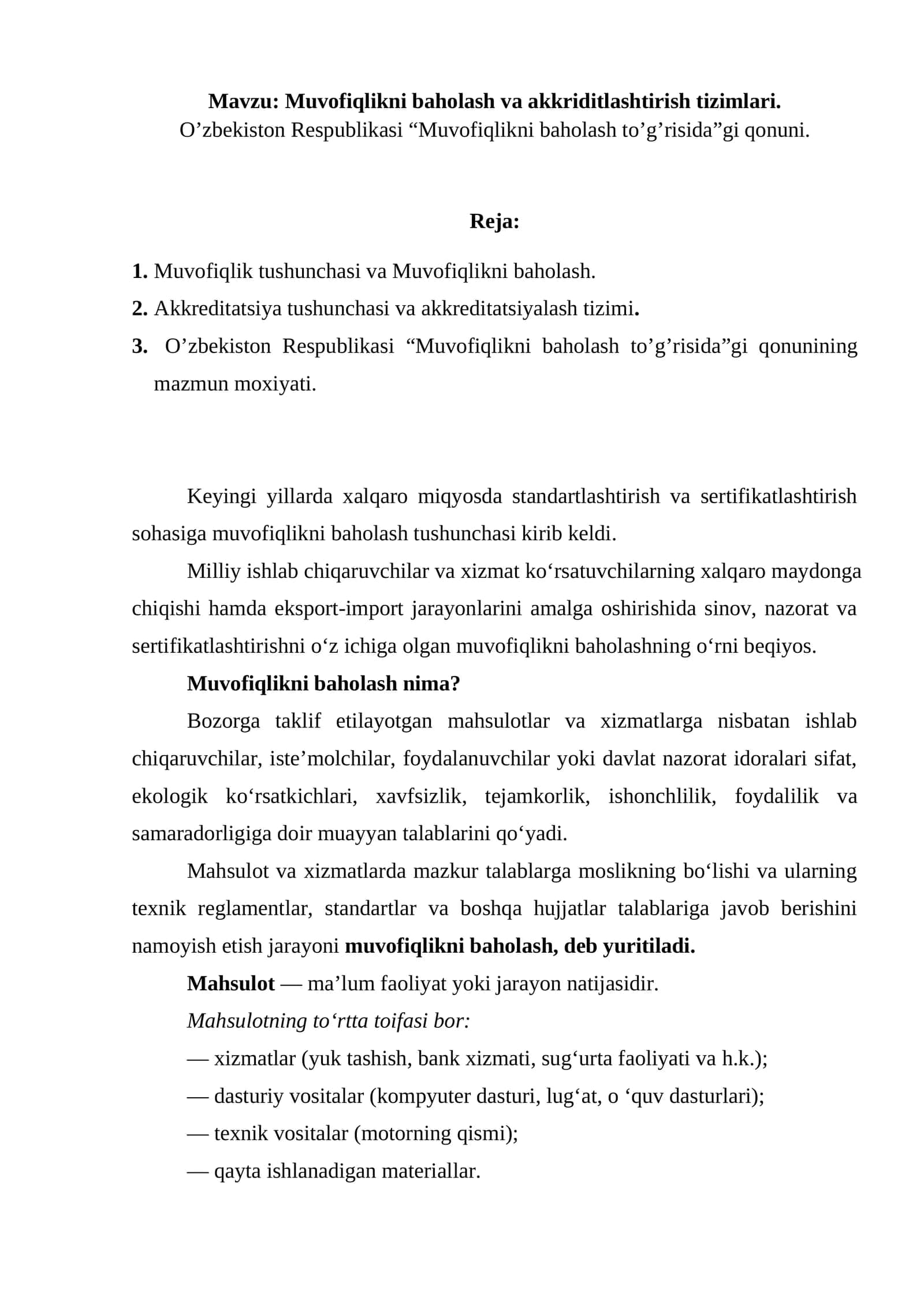 Muvofiqlikni baholash va akkriditlashtirish tizimlari 1