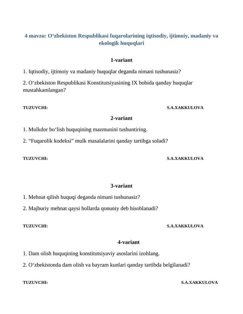 O‘zbekiston Respublikasi fuqarolarining iqtisodiy, ijtimoiy, madaniy va ekologik huquqlari 1