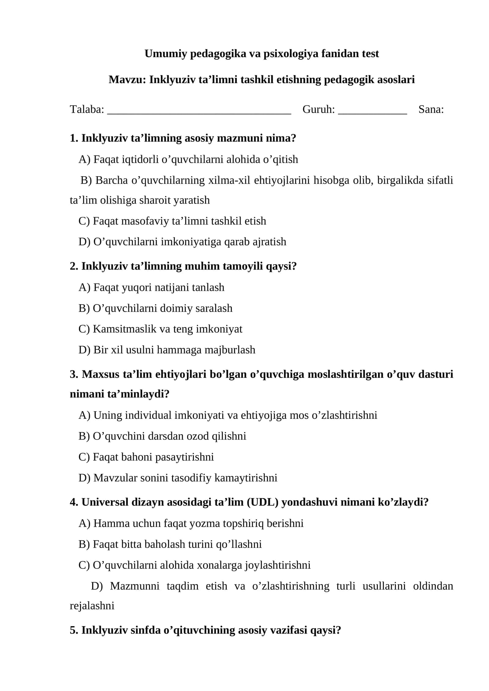 Umumiy pedagogika va psixologiya fanidan test 1