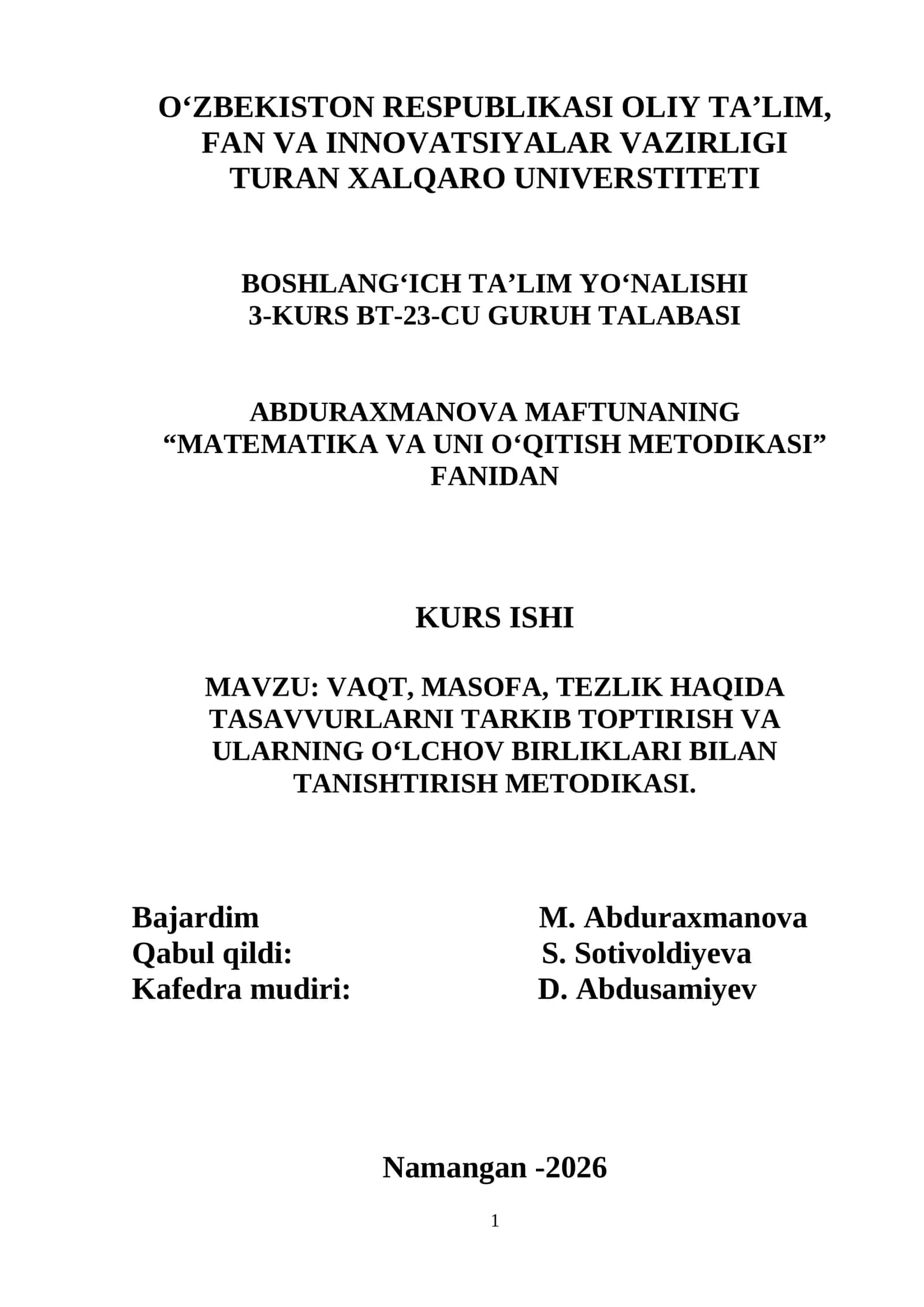 VAQT, MASOFA, TEZLIK HAQIDA TASAVVURLARNI TARKIB TOPTIRISH VA ULARNING O‘LCHOV BIRLIKLARI BILAN TANISHTIRISH METODIKASI. 1