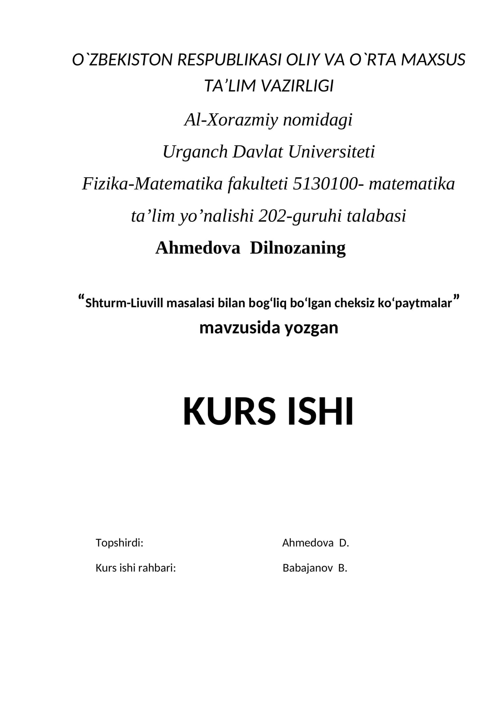 Shturm-Liuvill masalasi bilan bog’liq bo‘lgan cheksiz ko‘paytmalar 1
