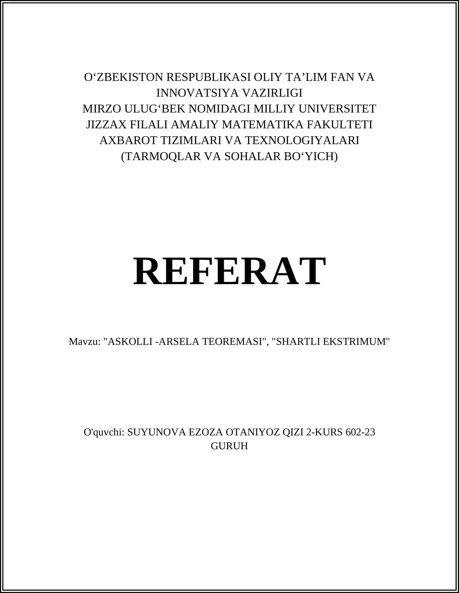 ASKOLLI -ARSELA TEOREMASI, SHARTLI EKSTRIMUM 1