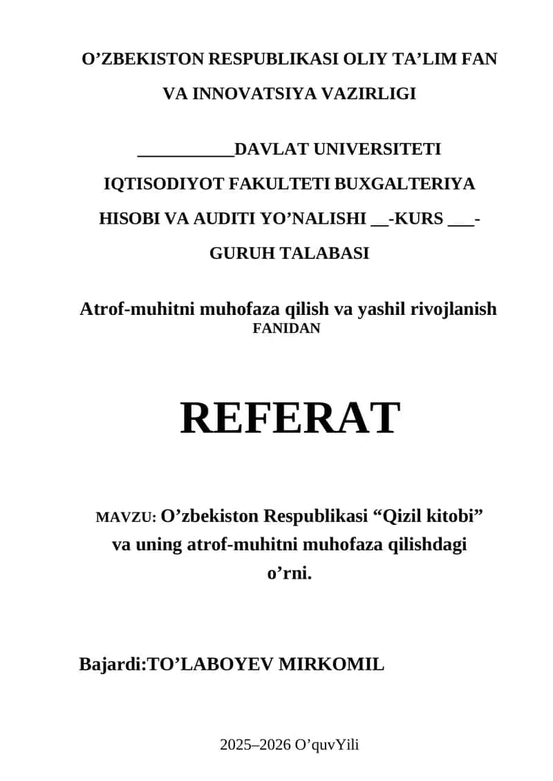 O’zbekiston Respublikasi “Qizil kitobi” va uning atrof-muhitni muhofaza qilishdagi o’rni 1