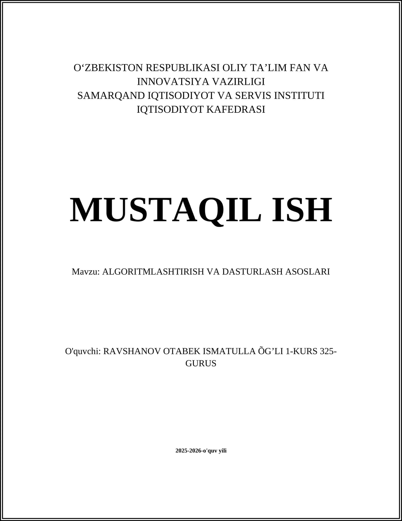 ALGORITMLASHTIRISH VA DASTURLASH ASOSLARI 1