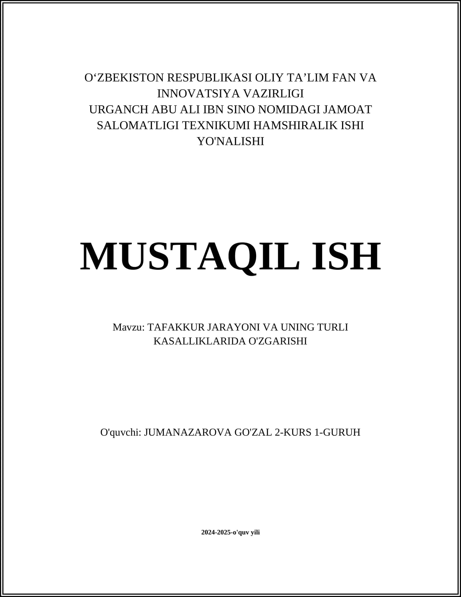 TAFAKKUR JARAYONI VA UNING TURLI KASALLIKLARIDA O'ZGARISHI 1
