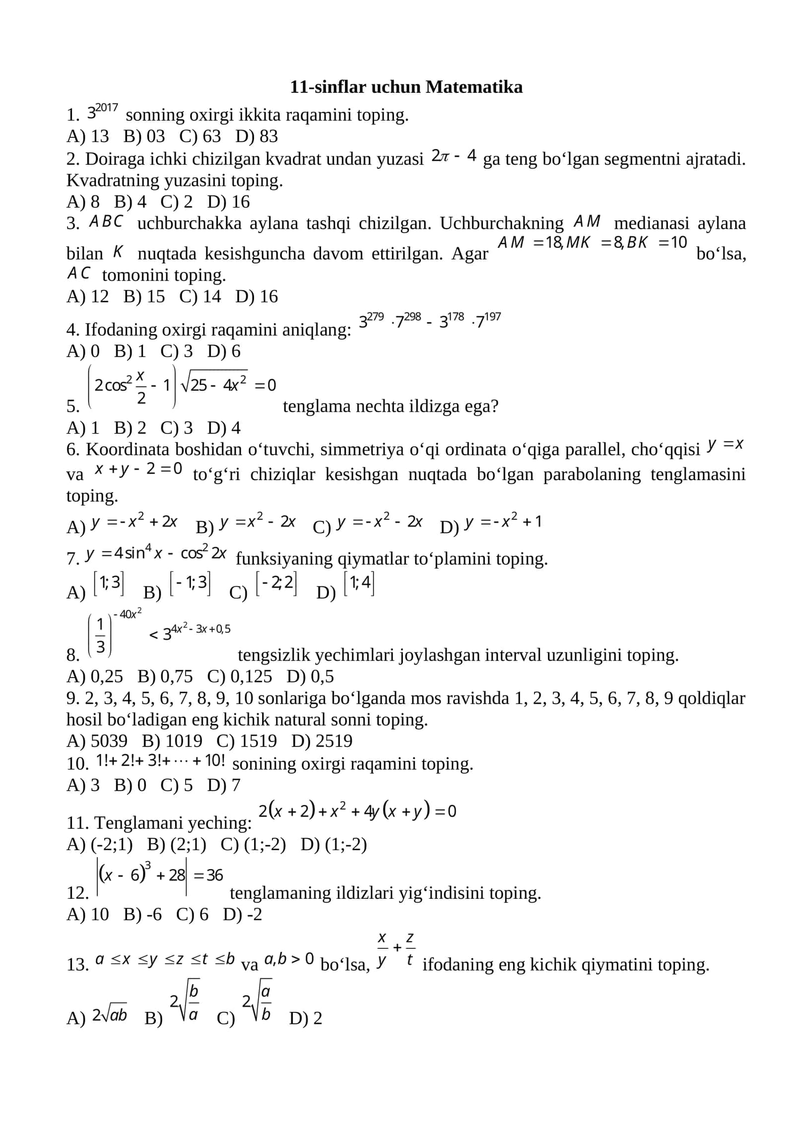 11-sinflar uchun Matematika 1