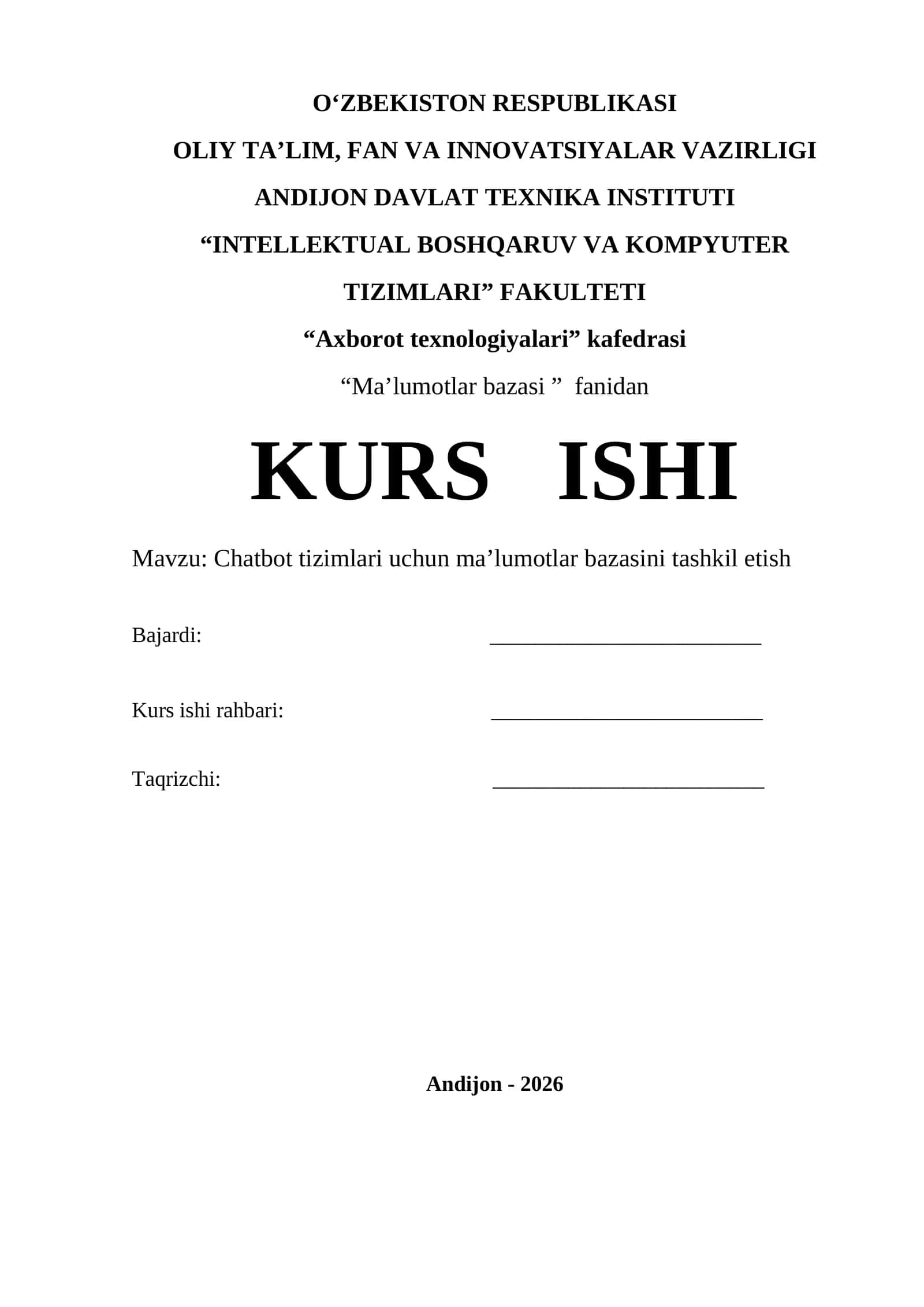Chatbot tizimlari uchun ma’lumotlar bazasini tashkil etish 1