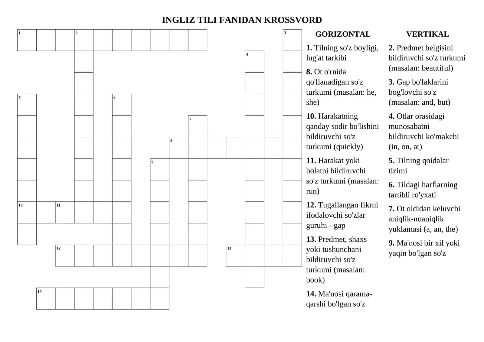 INGLIZ TILI FANIDAN KROSSVORD 1