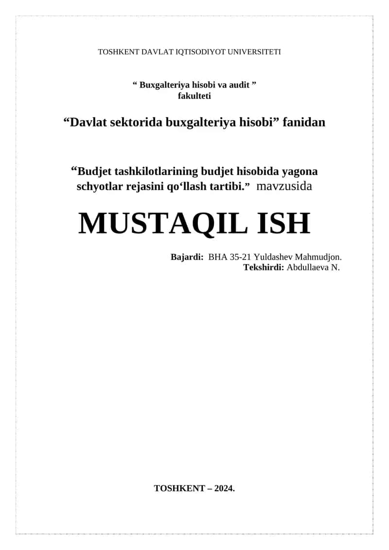 Budjet tashkilotlarining budjet hisobida yagona schyotlar rejasini qo‘llash tartibi 1