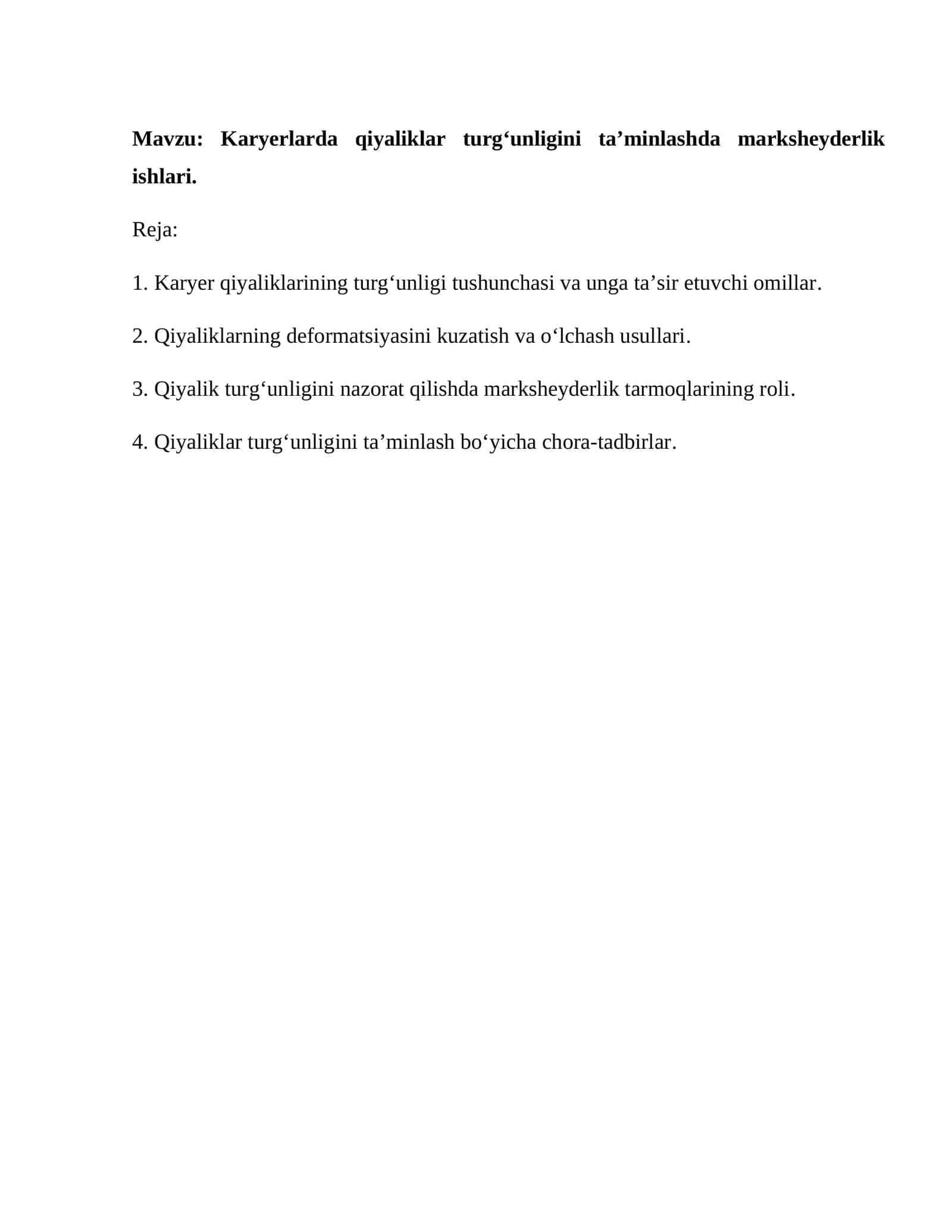 Karyerlarda qiyaliklar turg‘unligini ta’minlashda marksheyderlik ishlari 1