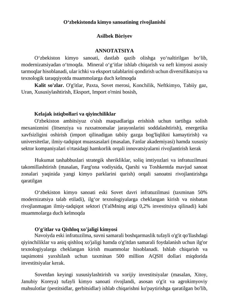 Oʻzbekistonda kimyo sanoatining rivojlanishi 1